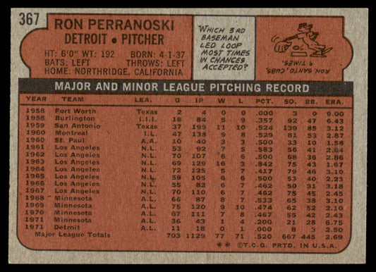 1972 Topps Baseball #367 - Ron Perranoski - NMMT