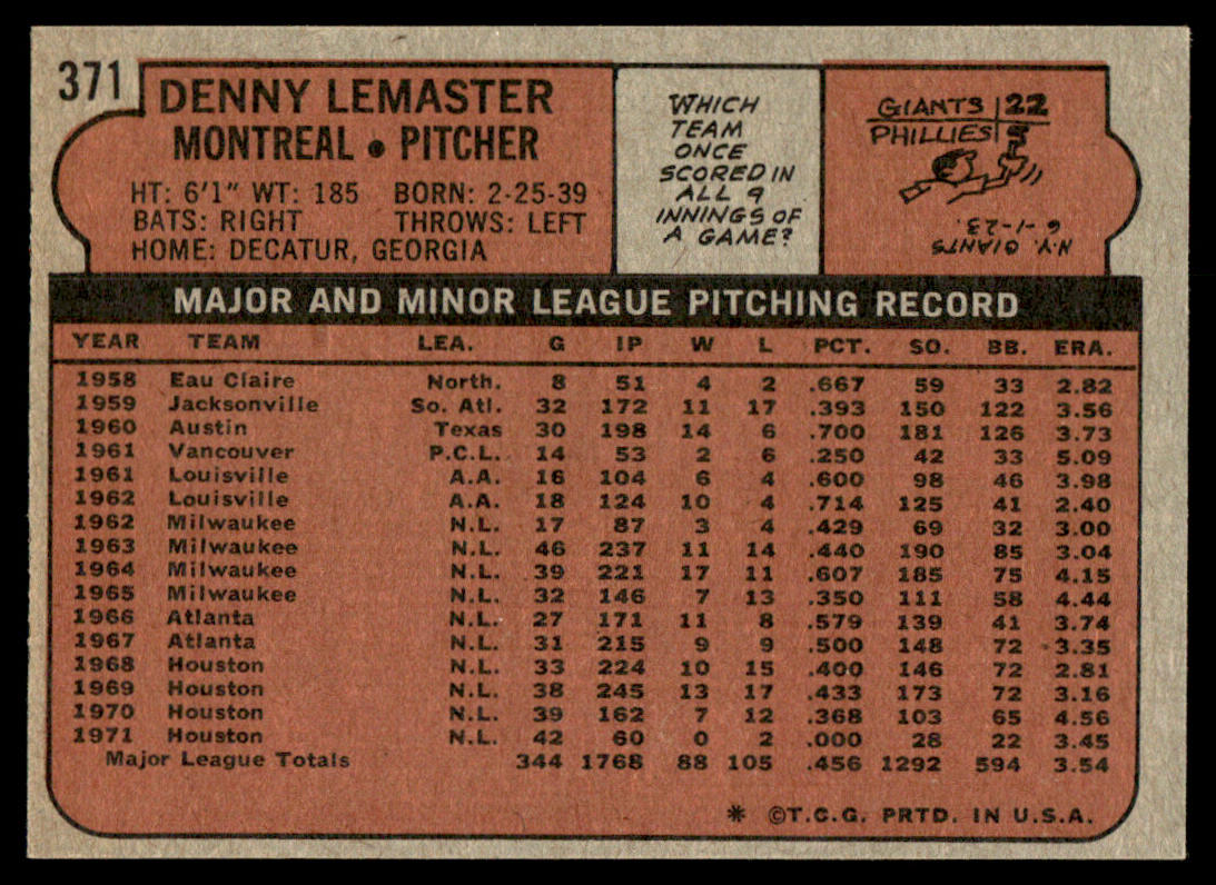 1972 Topps Baseball #371 - Denny Lemaster - NM