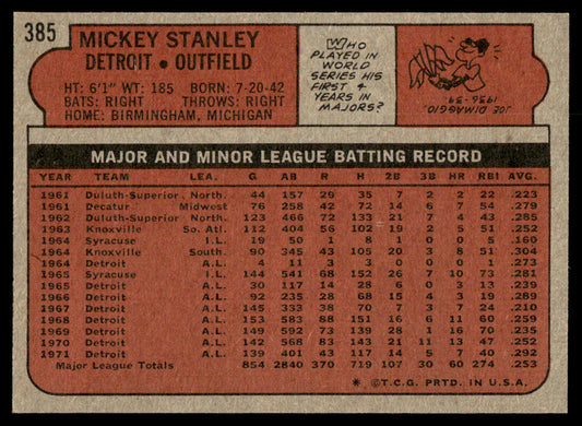 1972 Topps Baseball #385 - Mickey Stanley - NM