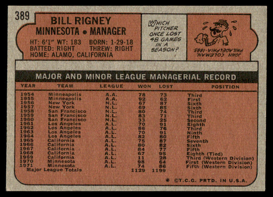 1972 Topps Baseball #389 - Bill Rigney - NM