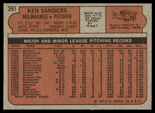 1972 Topps Baseball #391 - Ken Sanders - NM