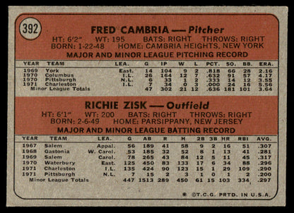 1972 Topps Baseball #392 - Pirates 1972 Rookie Stars - Zisk RC - NM