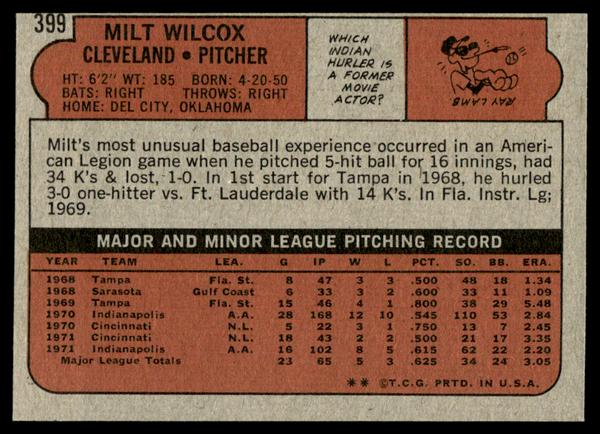 1972 Topps Baseball #399 - Milt Wilcox - EXMT