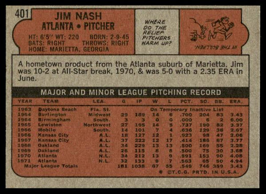 1972 Topps Baseball #401 - Jim Nash - NM