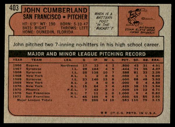 1972 Topps Baseball #403 - John Cumberland - NM