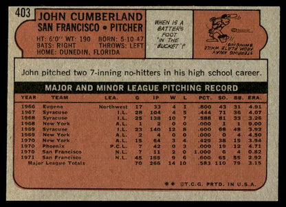 1972 Topps Baseball #403 - John Cumberland - NM