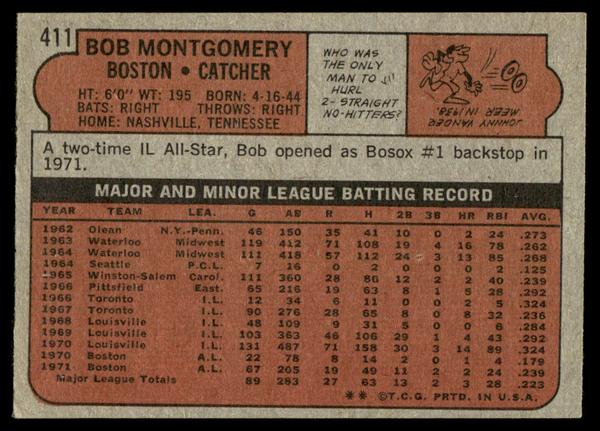 1972 Topps Baseball #411 - Bob Montgomery - NM