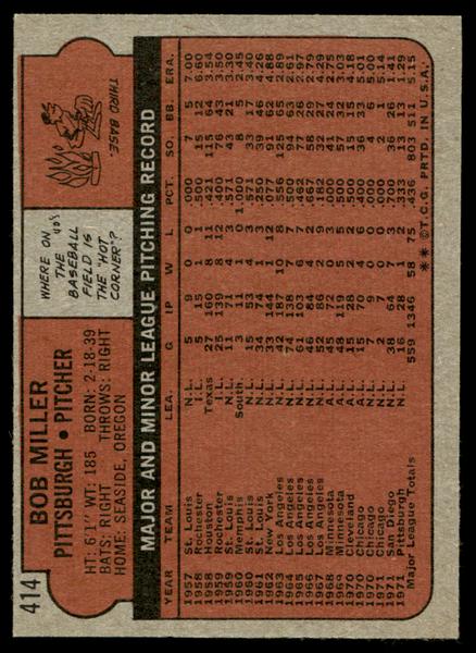 1972 Topps Baseball #414 - Bob Miller - NM