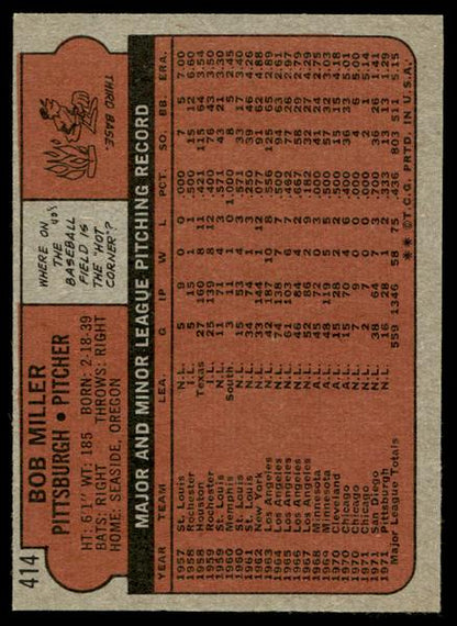 1972 Topps Baseball #414 - Bob Miller - NM
