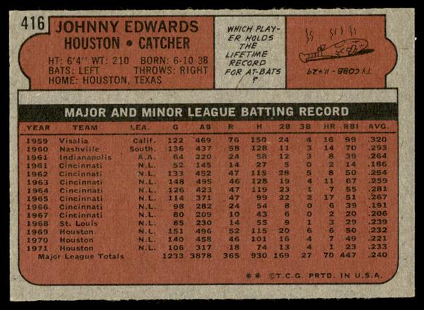 1972 Topps Baseball #416 - Johnny Edwards - EXMT