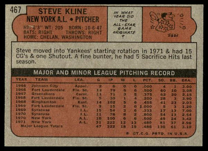 1972 Topps Baseball #467 - Steve Kline - EXMT