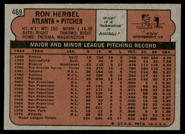 1972 Topps Baseball #469 - Ron Herbel - NMMT