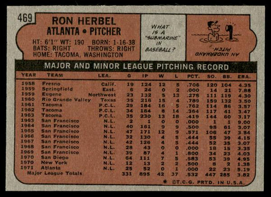 1972 Topps Baseball #469 - Ron Herbel - NMMT