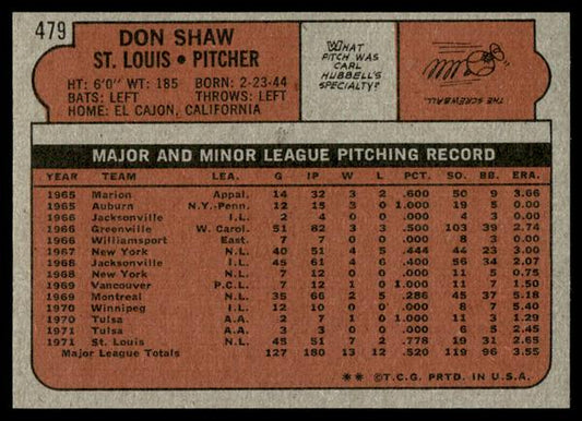 1972 Topps Baseball #479 - Don Shaw - EXMT