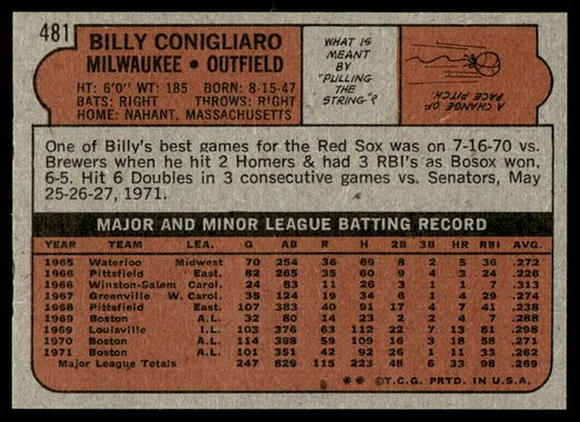1972 Topps Baseball #481 - Billy Conigliaro - NM