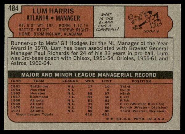 1972 Topps Baseball #484 - Lum Harris - NM