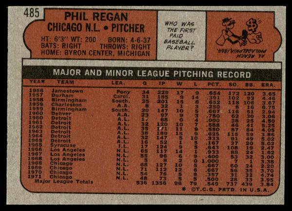1972 Topps Baseball #485 - Phil Regan - EX