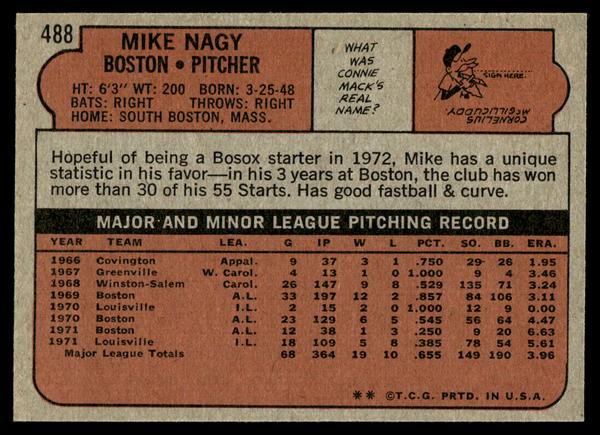 1972 Topps Baseball #488 - Mike Nagy - NMMT
