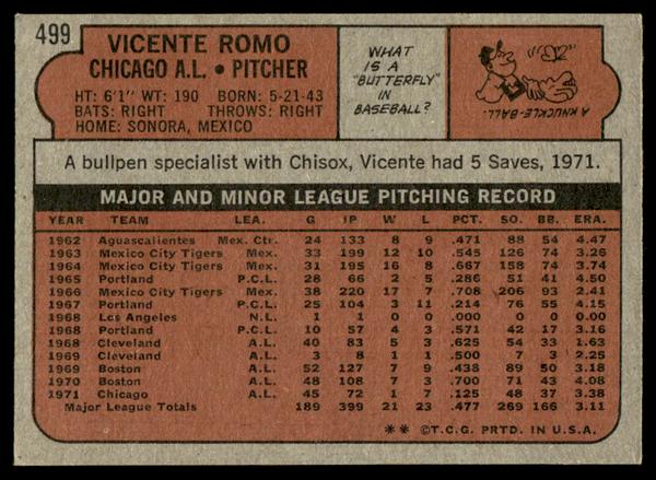 1972 Topps Baseball #499 - Vicente Romo - EXMT