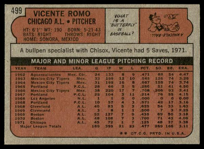 1972 Topps Baseball #499 - Vicente Romo - EXMT