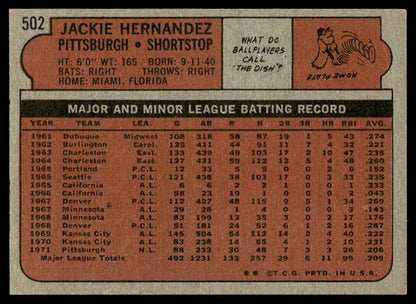 1972 Topps Baseball #502 - Jackie Hernandez - NMMT
