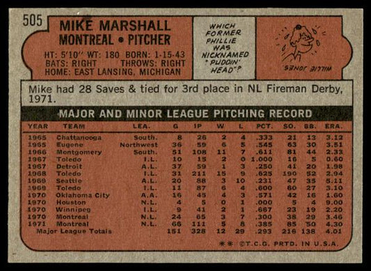 1972 Topps Baseball #505 - Mike Marshall - NM