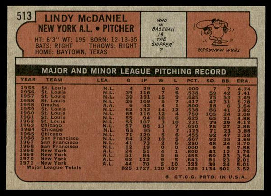 1972 Topps Baseball #513 - Lindy McDaniel - NM