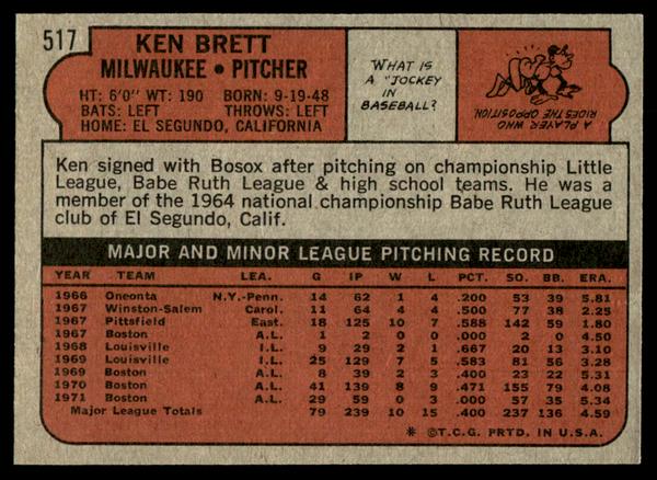 1972 Topps Baseball #517 - Ken Brett - EXMT