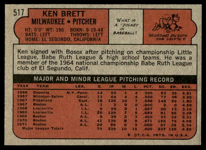 1972 Topps Baseball #517 - Ken Brett - EXMT