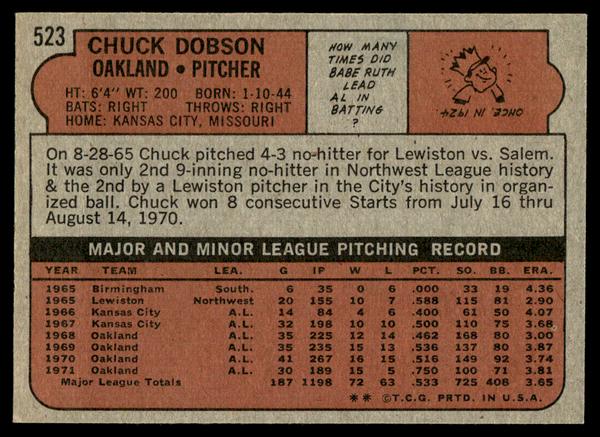 1972 Topps Baseball #523 - Chuck Dobson - EXMT