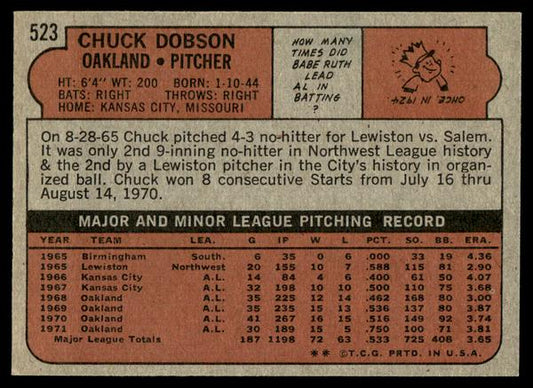 1972 Topps Baseball #523 - Chuck Dobson - EXMT