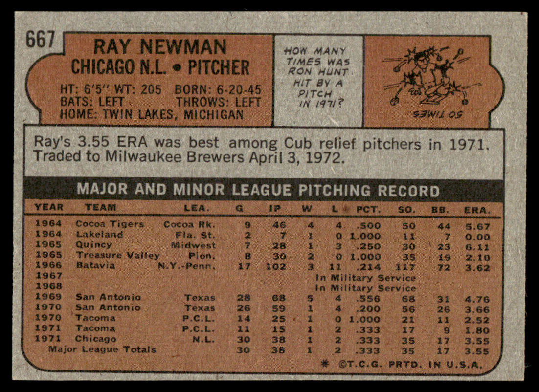 1972 Topps Baseball #667 - Ray Newman RC - EXMT