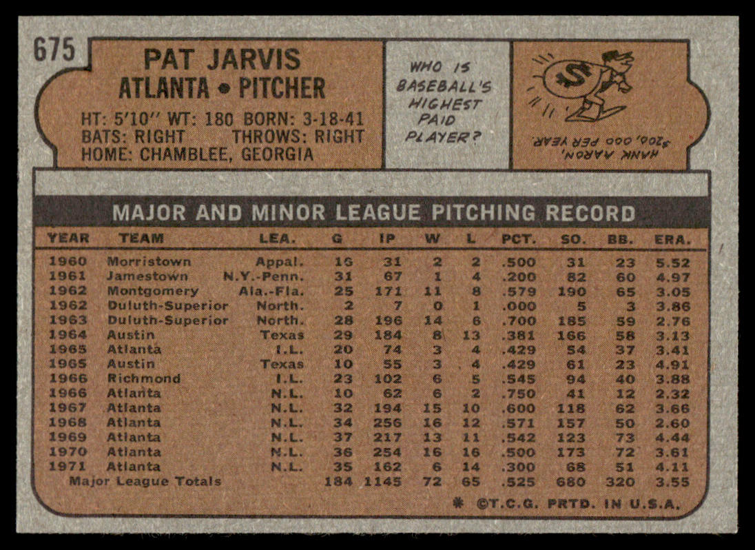 1972 Topps Baseball #675 - Pat Jarvis - NM
