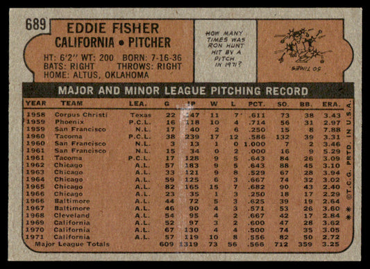 1972 Topps Baseball #689 - Eddie Fisher - NM