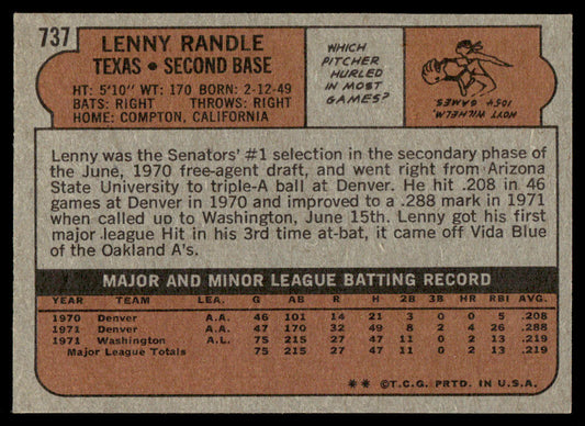 1972 Topps Baseball #737 - Lenny Randle RC - EXMT