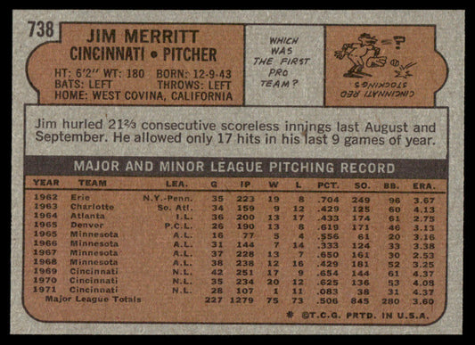 1972 Topps Baseball #738 - Jim Merritt - NMMT