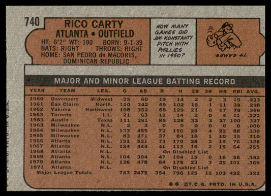 1972 Topps Baseball #740 - Rico Carty - EX