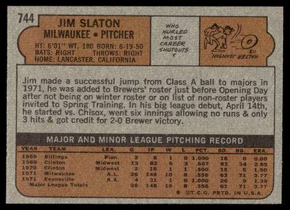 1972 Topps Baseball #744 - Jim Slaton RC - NM