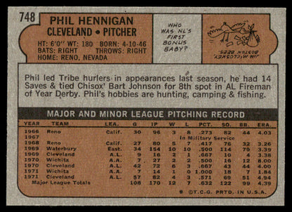 1972 Topps Baseball #748 - Phil Hennigan - EXMT