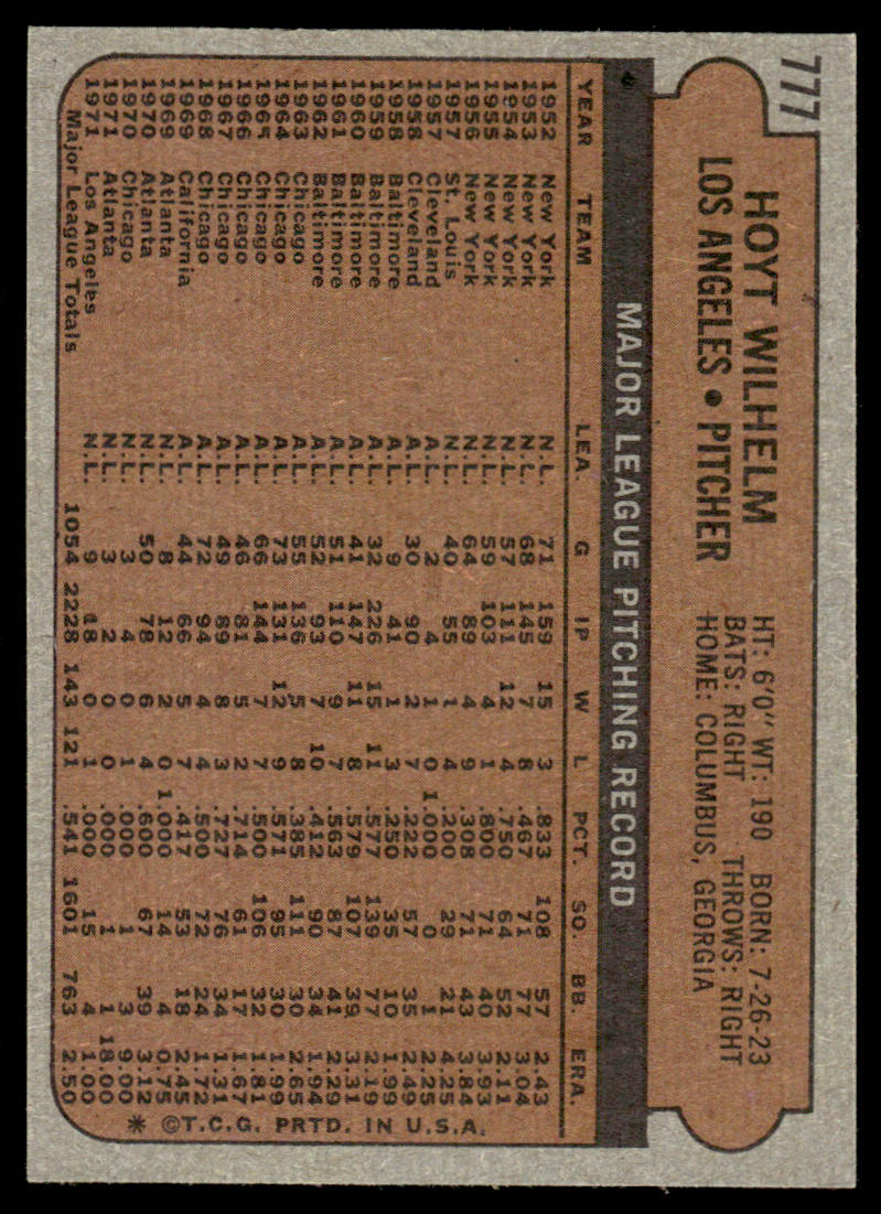 1972 Topps Baseball #777 - Hoyt Wilhelm - NMMT