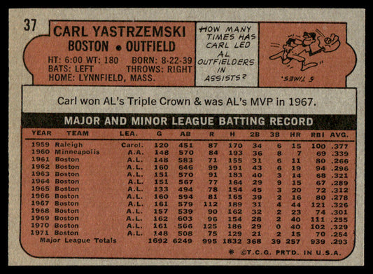 1972 Topps Baseball #37 - Carl Yastrzemski - EXMT