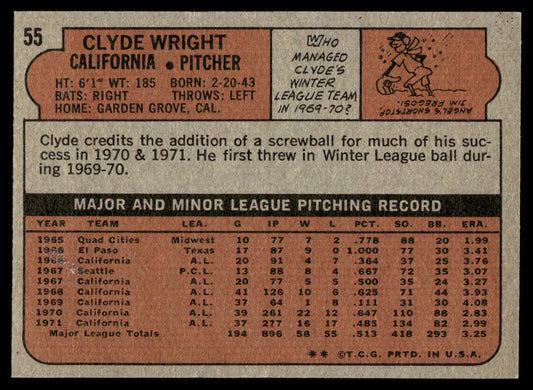1972 Topps Baseball #55 - Clyde Wright - EXMT