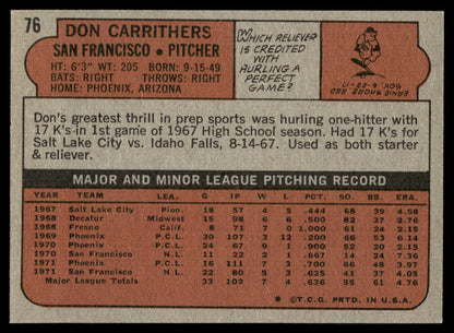 1972 Topps Baseball #76 - Don Carrithers RC - NM