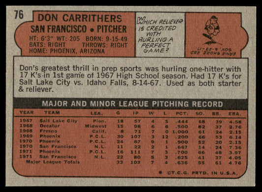1972 Topps Baseball #76 - Don Carrithers RC - NM