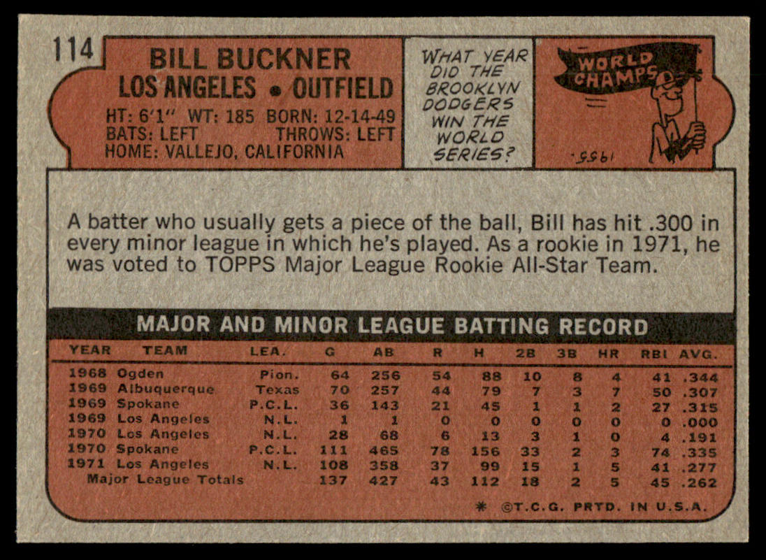 1972 Topps Baseball #114 - Bill Buckner - EXMT