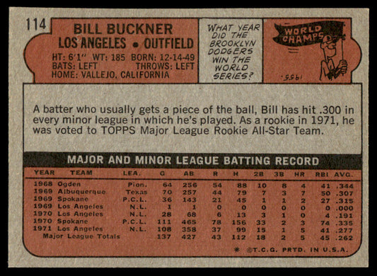 1972 Topps Baseball #114 - Bill Buckner - EXMT