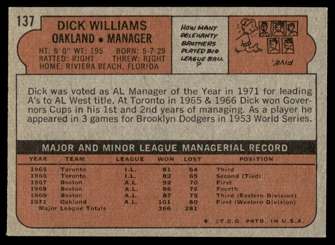1972 Topps Baseball #137 - Dick Williams - EXMT