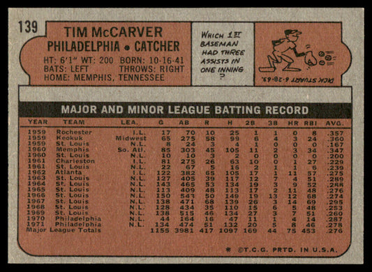 1972 Topps Baseball #139 - Tim McCarver - NM