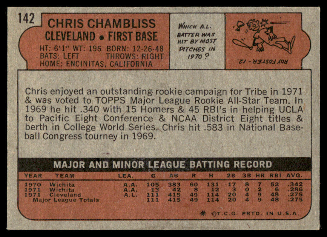 1972 Topps Baseball #142 - Chris Chambliss RC - NM