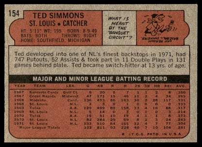 1972 Topps Baseball #154 - Ted Simmons - EXMT